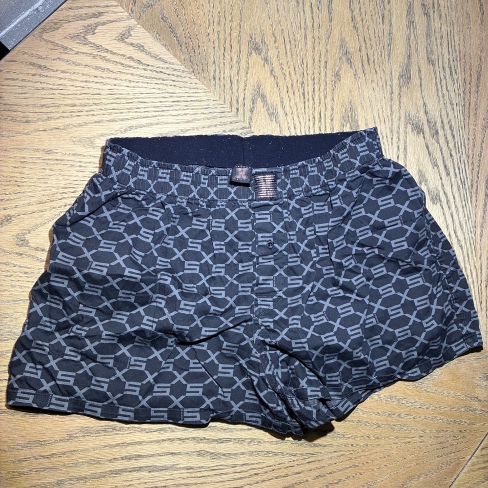 Savage X Fenty Mens Monogram Logo Woven Boxers Black Grey Button Fly Large